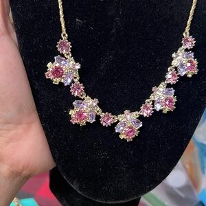 Marchesa Gold-Tone Pink Crystal Floral Statement Necklace • NWT• Retail $78